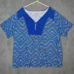Woman Within short sleeve blue geometric shirt half button casual lightweight 4X